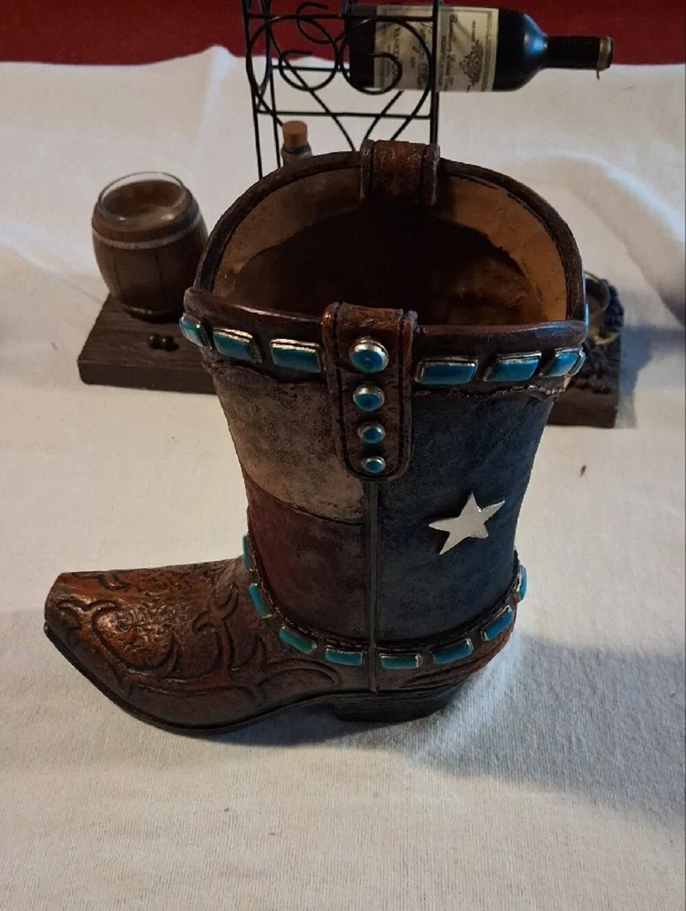 Decorative Western Boot Vase in Brown with Turquoise Accents